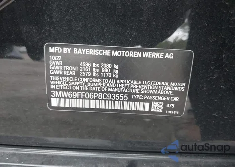 2023 BMW 330I из США, поврежденный, VIN 3MW69FF06P8C93555